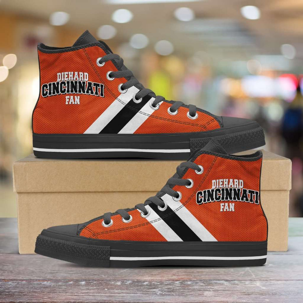 Designs by MyUtopia Shout Out:Diehard Cincinnati Fan Canvas Hightop Casual Shoes,Men's / Mens US 5 (EU38) / Orange/Black/White,High Top Sneakers