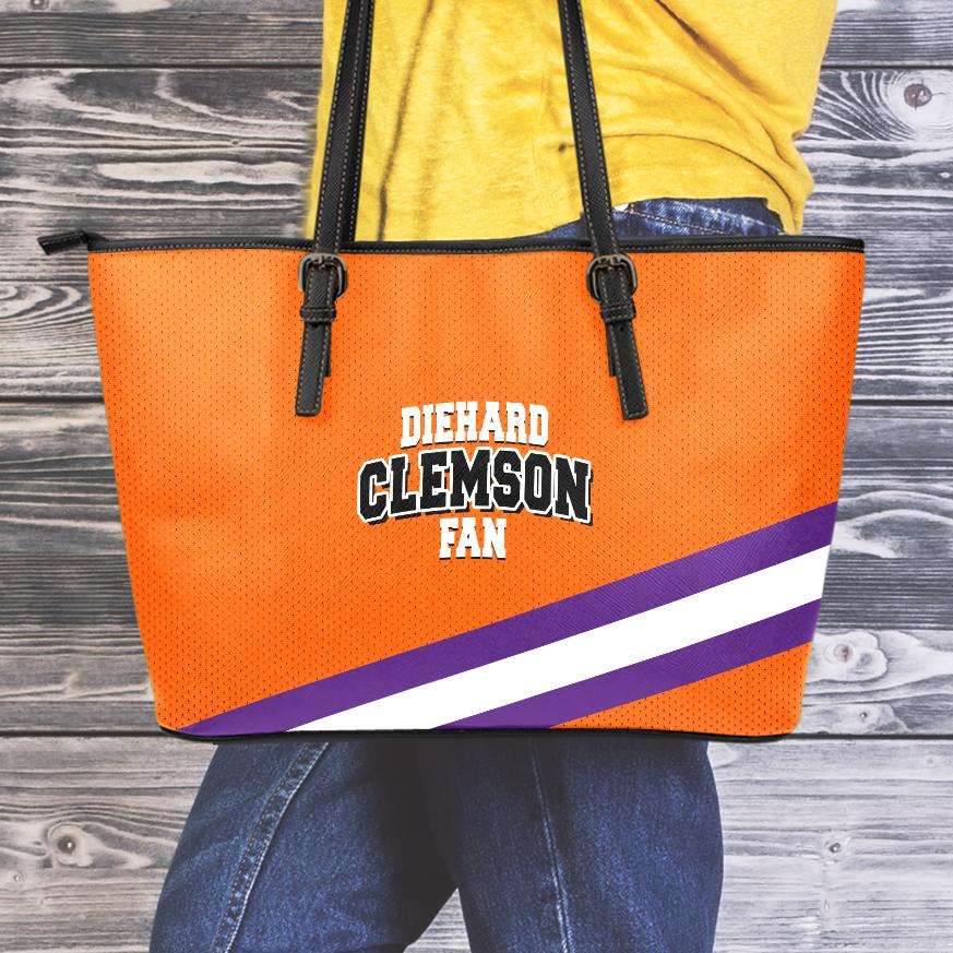 Designs by MyUtopia Shout Out:Diehard Clemson Fan Faux Leather Totebag Purse,Medium (10 x 16 x 5) / Orange/White/Purple,tote bag purse