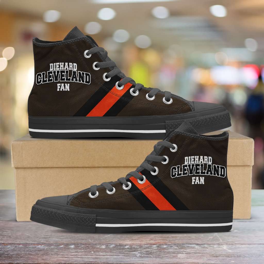 Designs by MyUtopia Shout Out:Diehard Cleveland Fan Canvas High Top Shoes,Men's / Mens US 5 (EU38) / Brown/Orange,High Top Sneakers