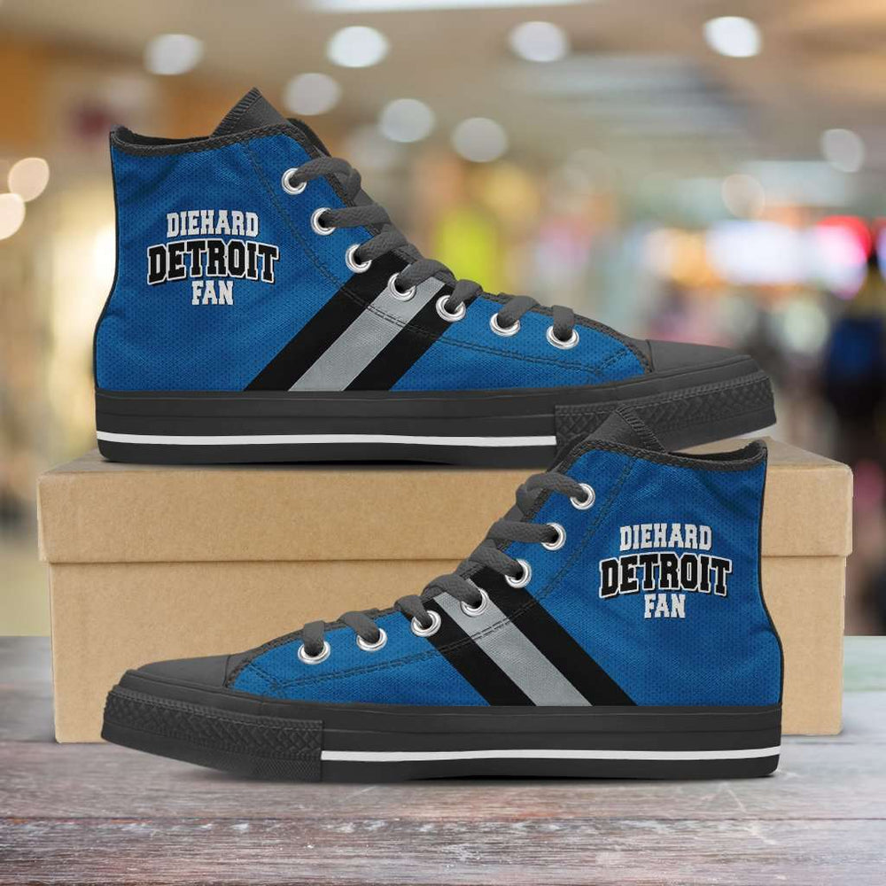 Designs by MyUtopia Shout Out:Diehard Detroit Fan Canvas High Top Shoes,Men's / Mens US 5 (EU38) / Honolulu Blue/Black/Grey,High Top Sneakers