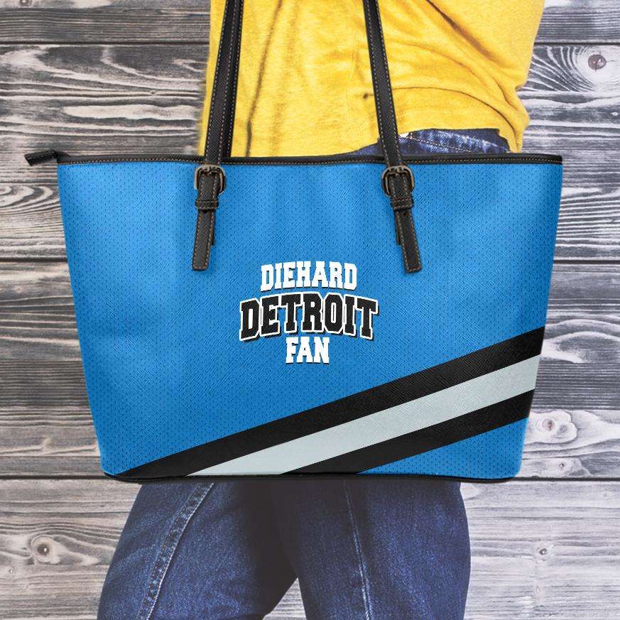 Designs by MyUtopia Shout Out:Diehard Detroit Fan Faux Leather Totebag Purse,Medium (10 x 16 x 5) / Blue,tote bag purse
