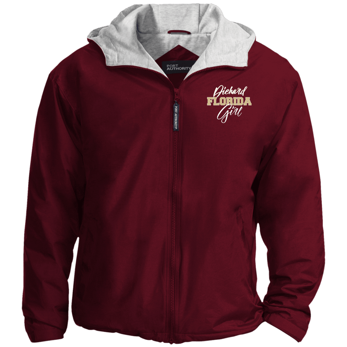 Designs by MyUtopia Shout Out:Diehard Florida Girl Embroidered Team Jacket Garnet,Maroon/Light Oxford / X-Small,Jackets
