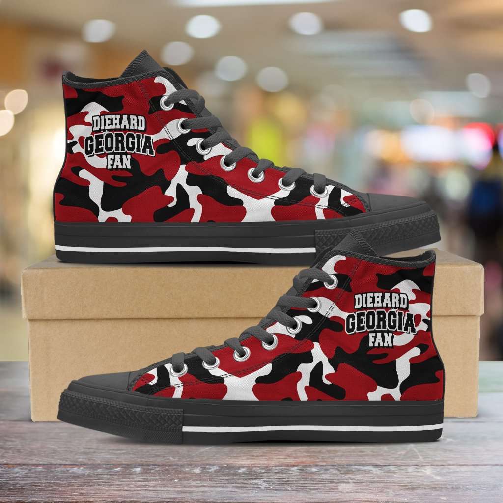 Designs by MyUtopia Shout Out:Diehard Georgia Fan Camo Canvas High Top Shoes,Men's / Mens US 5 (EU38) / Red Camo,High Top Sneakers