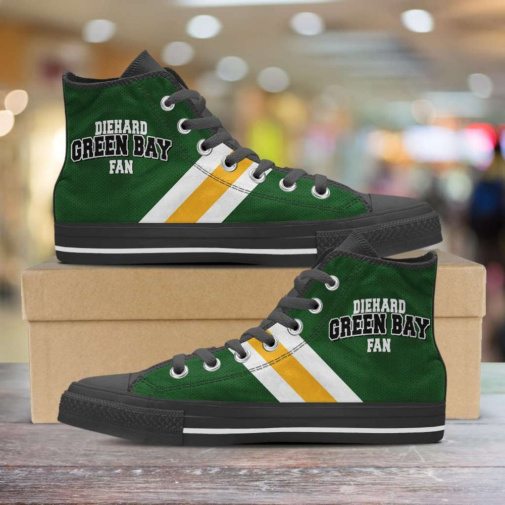 Designs by MyUtopia Shout Out:Diehard Green Bay Fan Canvas High Top Shoes,Men's / Mens US 5 (EU38) / Green/Gold,High Top Sneakers