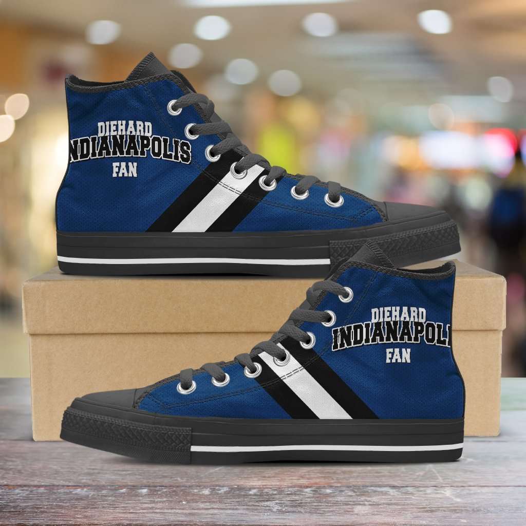 Designs by MyUtopia Shout Out:Diehard Indianapolis Fan Canvas High Top Shoes,Men's / Mens US 5 (EU38) / Blue/White,High Top Sneakers