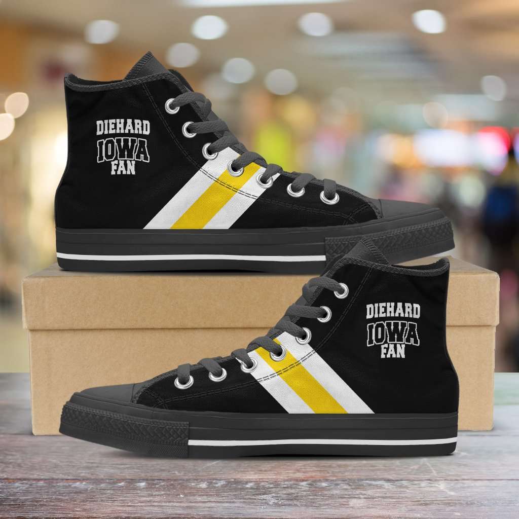 Designs by MyUtopia Shout Out:Diehard Iowa Fan Canvas High Top Shoes,Men's / Mens US 5 (EU38) / Black/Yellow,High Top Sneakers