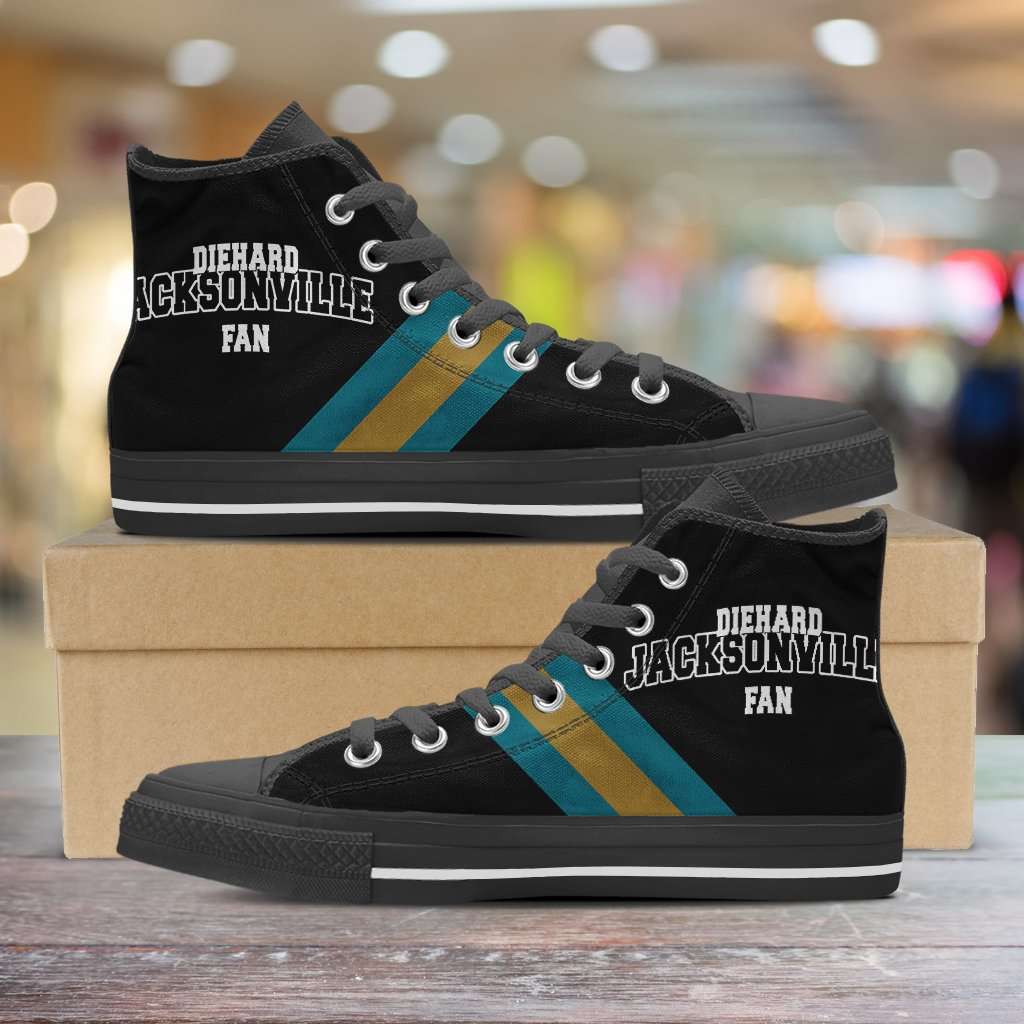 Designs by MyUtopia Shout Out:Diehard Jacksonville Fan Canvas High Top Shoes,Men's / Mens US 5 (EU38) / Black/Gold/Blue,High Top Sneakers