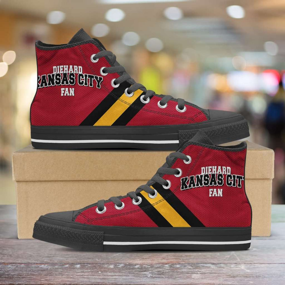 Designs by MyUtopia Shout Out:Diehard Kansas City Fan Canvas High Top Shoes,Men's / Mens US 5 (EU38) / Red/Gold,High Top Sneakers