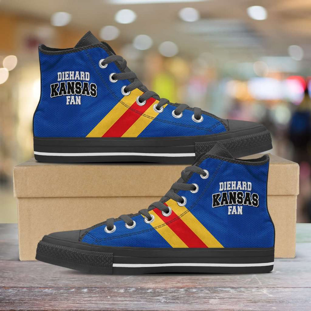 Designs by MyUtopia Shout Out:Diehard Kansas Jayhawks Fan Canvas High Top Shoes,Men's / Mens US 5 (EU38) / Blue,High Top Sneakers