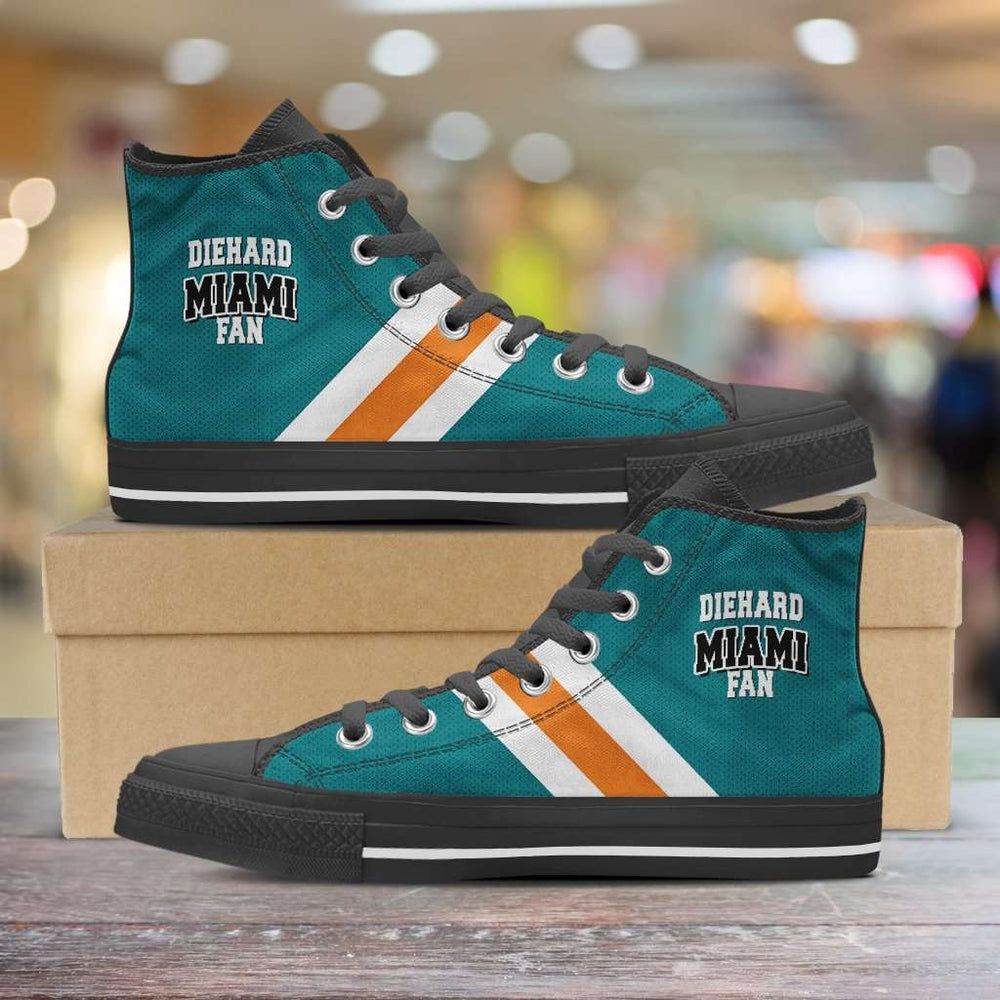 Designs by MyUtopia Shout Out:Diehard Miami Fan Canvas High Top Shoes,Men's / Mens US 5 (EU38) / Aqua Green/Orange,High Top Sneakers