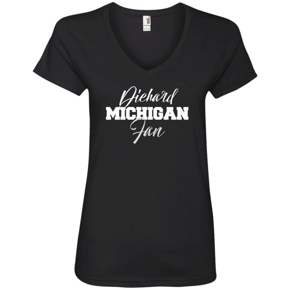 Designs by MyUtopia Shout Out:Diehard Michigan Fan Anvil Ladies' V-Neck T-Shirt,Black / S,Ladies T-Shirts