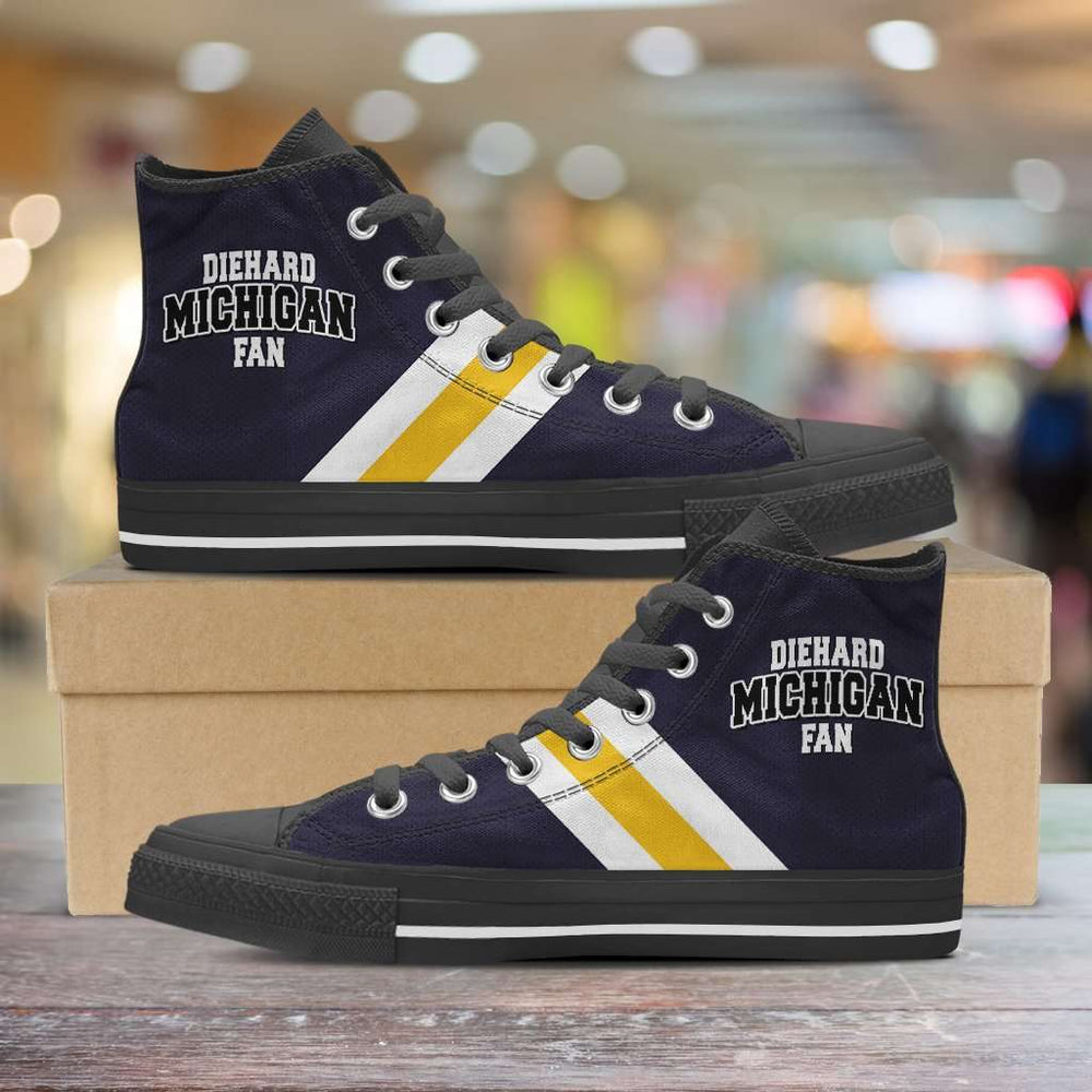 Designs by MyUtopia Shout Out:Diehard Michigan Fan Canvas High Top Shoes - Blue and Gold,Men's / Mens US 5 (EU38) / Blue/Yellow,High Top Sneakers