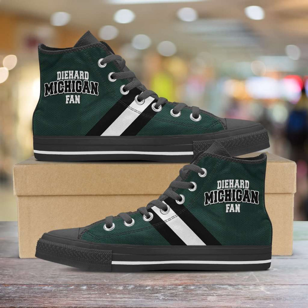 Designs by MyUtopia Shout Out:Diehard Michigan Fan Canvas High Top Shoes - Green and White,Men's / Mens US 5 (EU38) / Green/White,High Top Sneakers