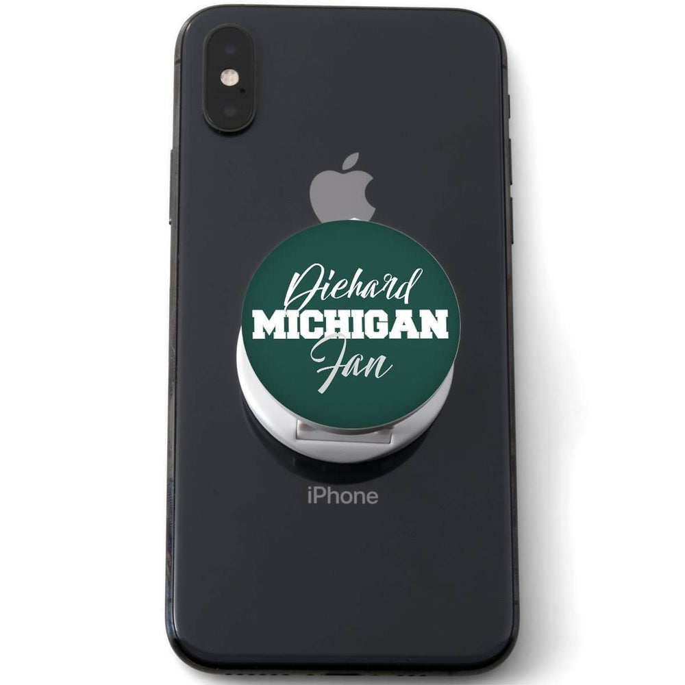 Designs by MyUtopia Shout Out:Diehard Michigan Fan Hinged Pop-out Phone Grip and stand for Smartphones and Tablets - Green