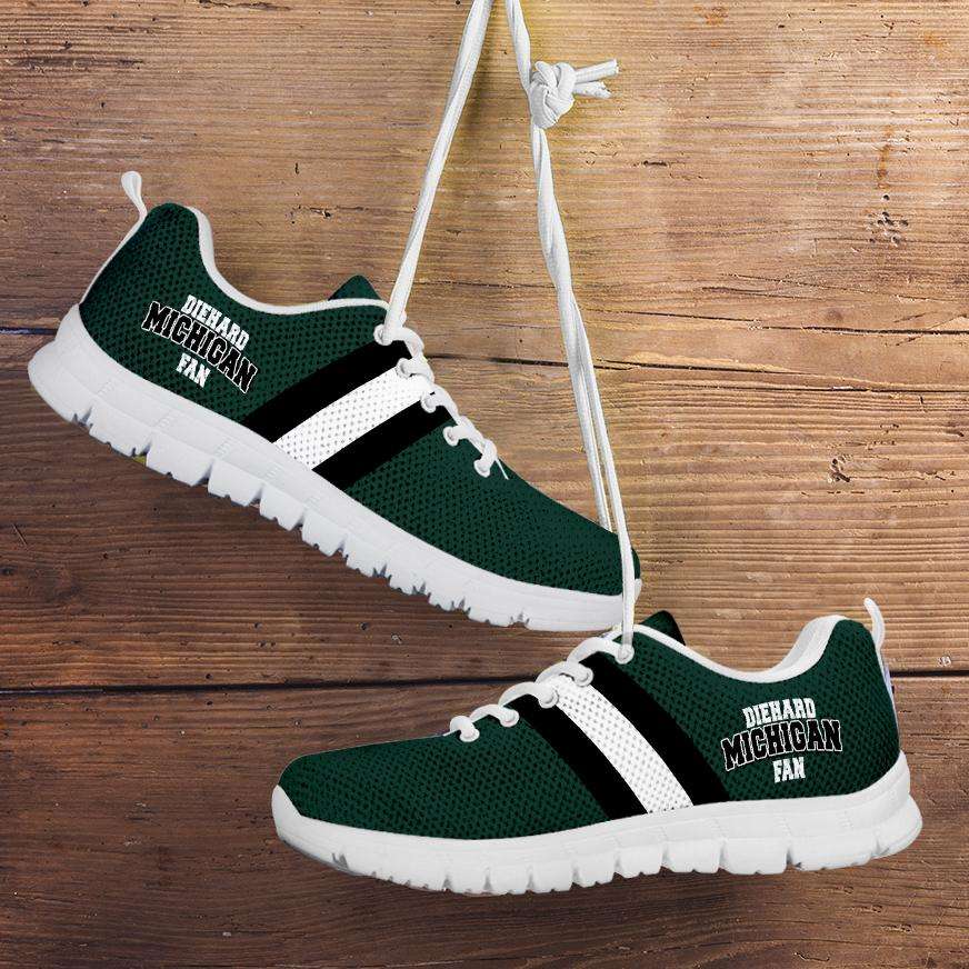 Designs by MyUtopia Shout Out:Diehard Michigan Fan Running Shoes - Green and White,Kid's / 11 CHILD (EU28) / Green/White,Running Shoes