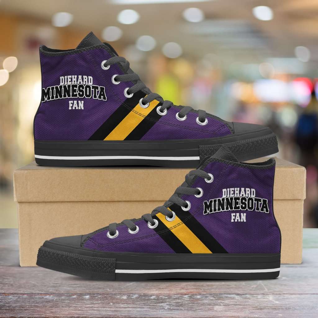 Designs by MyUtopia Shout Out:Diehard Minnesota Fan Canvas High Top Shoes,Men's / Mens US 5 (EU38) / Violet/Gold,High Top Sneakers