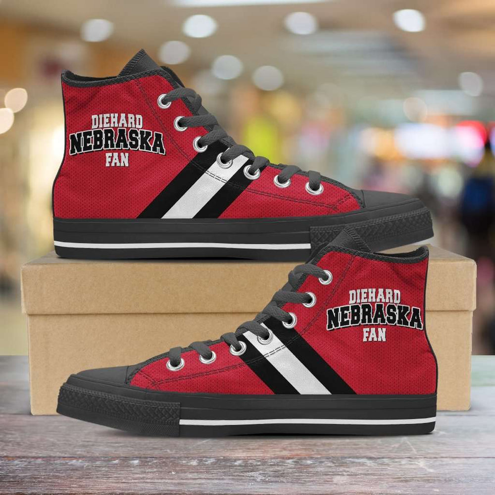 Designs by MyUtopia Shout Out:Diehard Nebraska Fan Canvas High Top Shoes,Men's / Mens US 5 (EU38) / Red/White/Black,High Top Sneakers