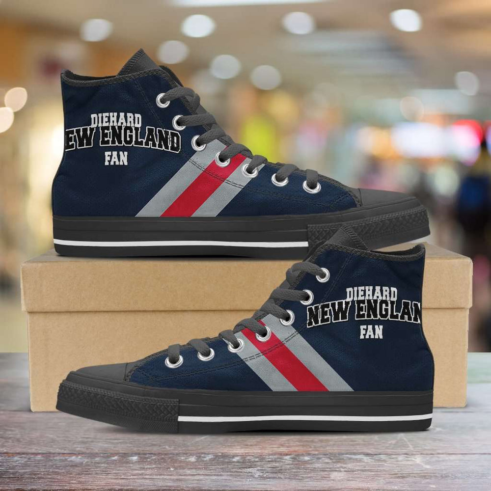 Designs by MyUtopia Shout Out:Diehard New England Fan Canvas High Top Shoes,Men's / Mens US 5 (EU38) / Nautical Blue/Red/Grey,High Top Sneakers