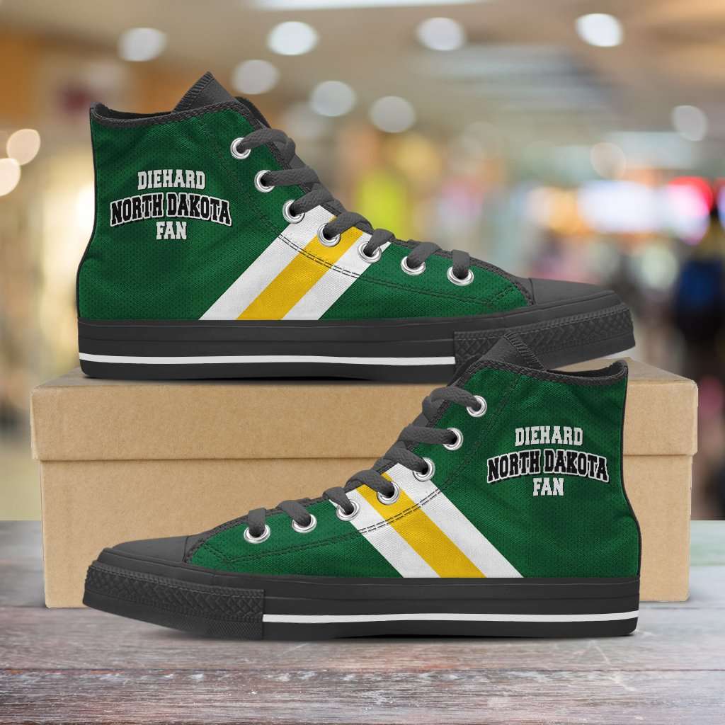 Designs by MyUtopia Shout Out:Diehard North Dakota Fan Canvas High Top Shoes,Men's / Mens US 5 (EU38) / Green/Yellow,High Top Sneakers