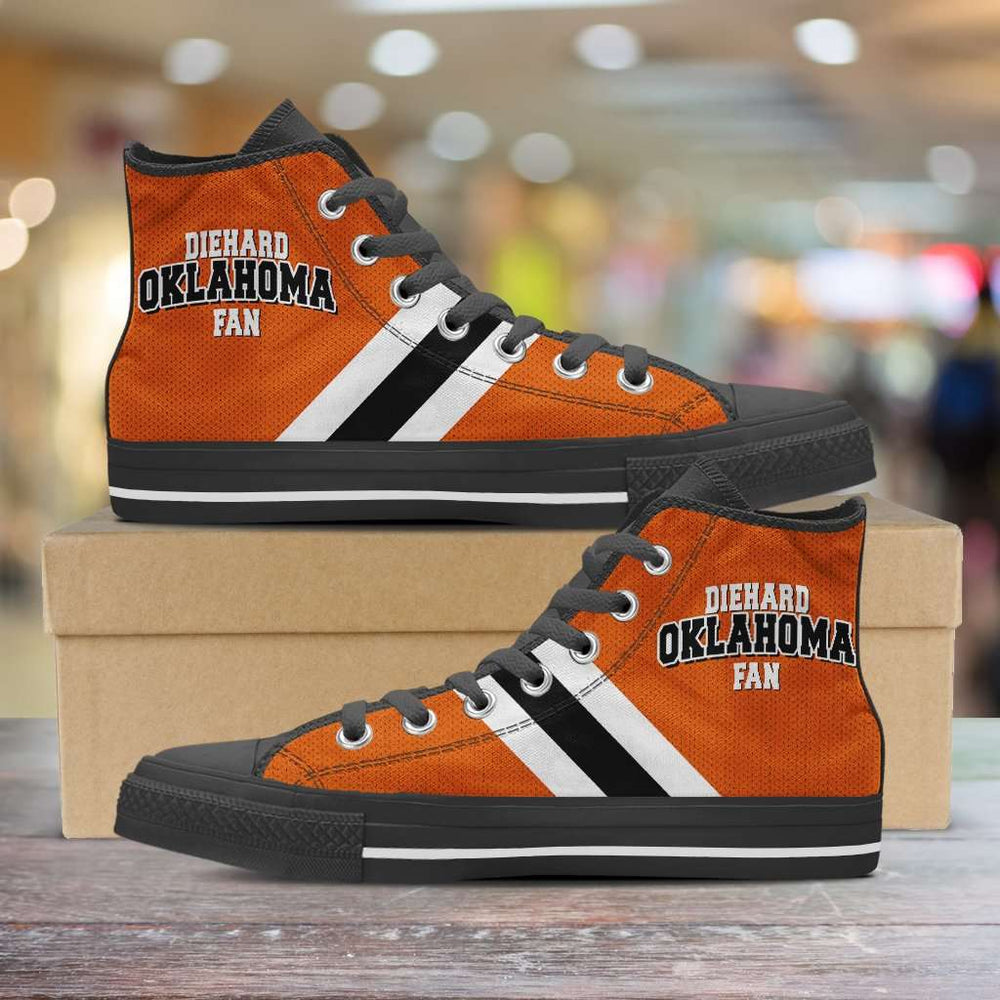Designs by MyUtopia Shout Out:Diehard Oklahoma Fan in Orange Canvas High Top Shoes,Men's / Mens US 5 (EU38) / Orange,High Top Sneakers