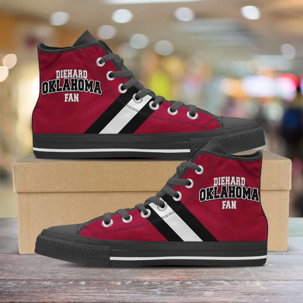 Designs by MyUtopia Shout Out:Diehard Oklahoma Sooners Fan Canvas High Top Shoes,Men's / Mens US 5 (EU38) / Crimson,High Top Sneakers
