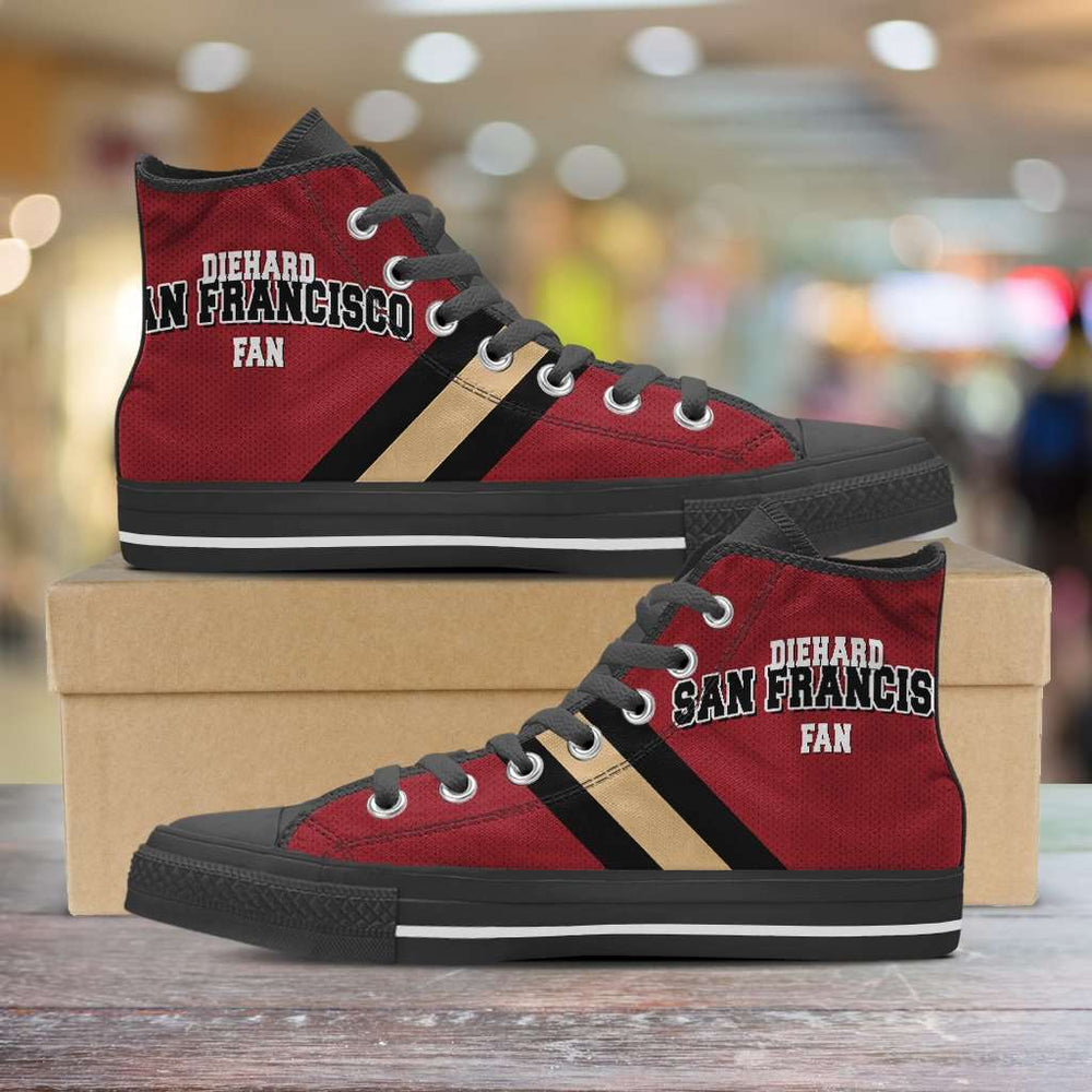 Designs by MyUtopia Shout Out:Diehard San Francisco Fan Canvas High Top Shoes,Men's / Mens US 5 (EU38) / Scarlet/Gold,High Top Sneakers