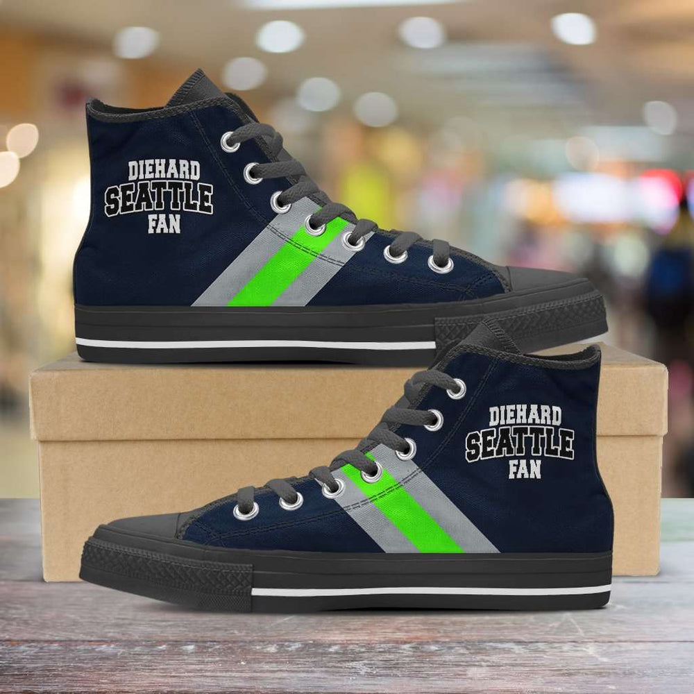 Designs by MyUtopia Shout Out:Diehard Seattle Fan Canvas High Top Shoes,Men's / Mens US 5 (EU38) / Dark Blue/Bright Green,High Top Sneakers