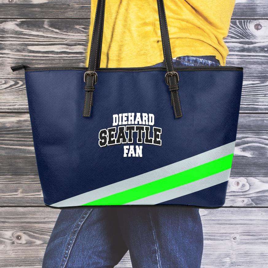 Designs by MyUtopia Shout Out:Diehard Seattle Fan Faux Leather Totebag Purse,Medium (10 x 16 x 5) / Navy Blue/Bright Green,tote bag purse