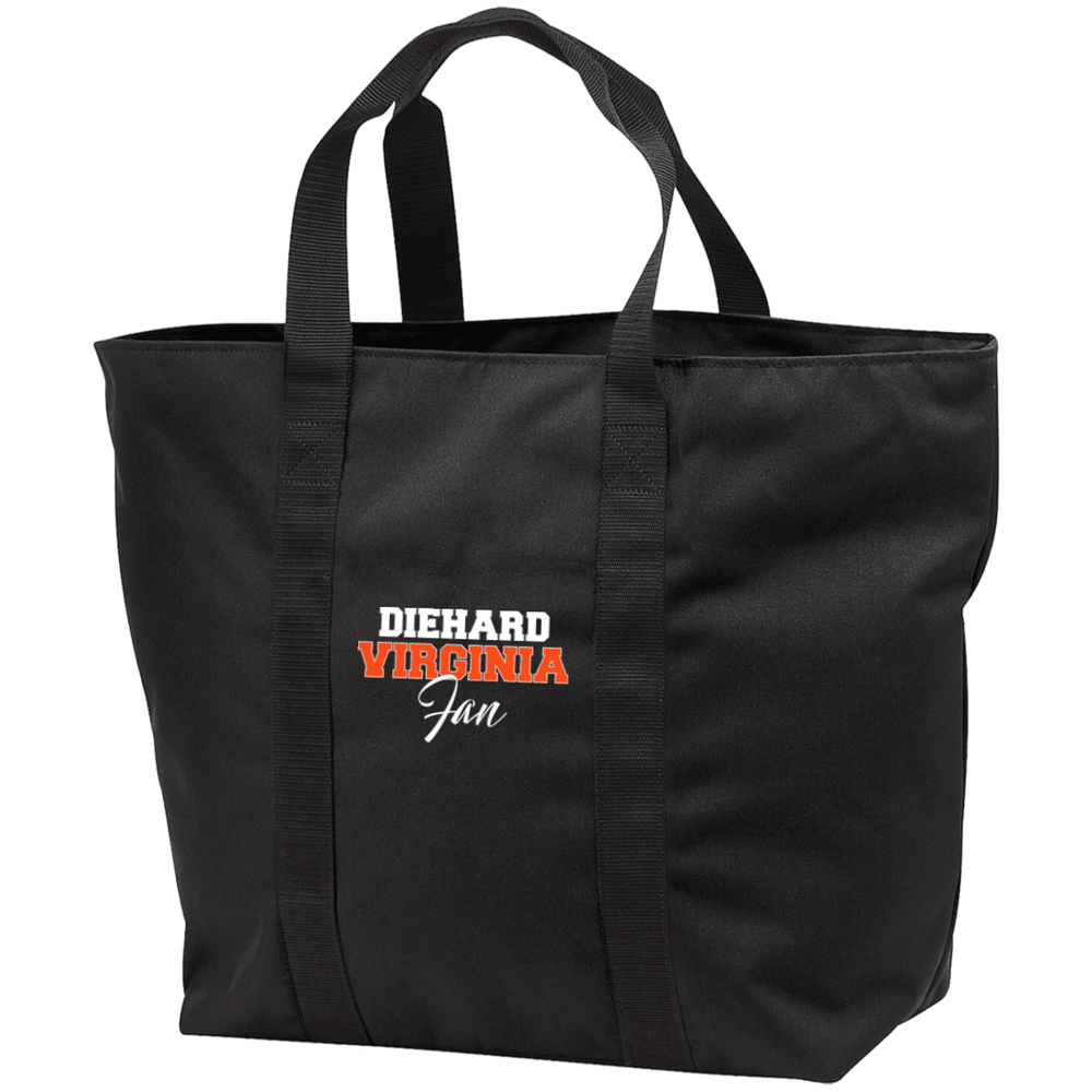 Designs by MyUtopia Shout Out:Diehard Virginia Fan Embroidered Port & Co. All Purpose Tote Bag w Zipper Closure and side pocket,Black/Black / One Size,Totebag