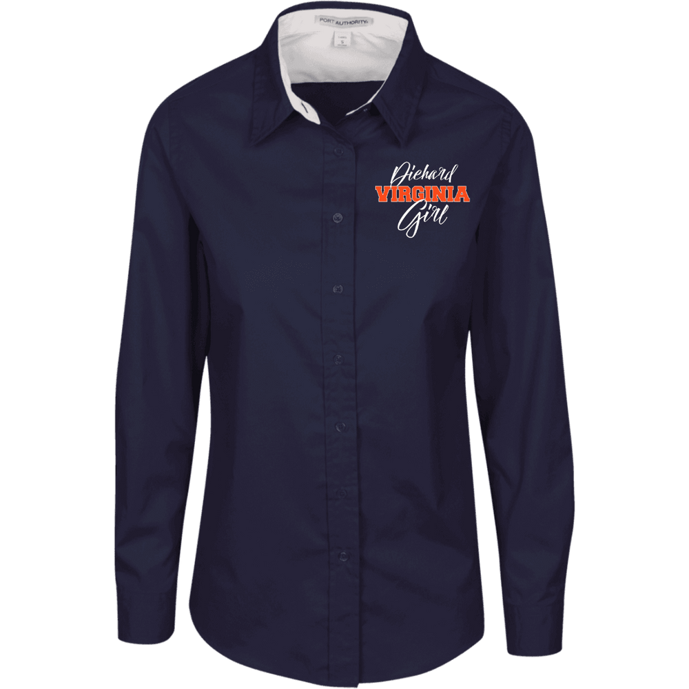 Designs by MyUtopia Shout Out:Diehard Virginia Girl Embroidered Port Authority Ladies' Long Sleeve Blouse - Navy Blue,Navy/Light Stone / X-Small,Dress Shirts