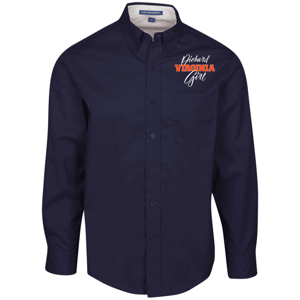 Designs by MyUtopia Shout Out:Diehard Virginia Girl Embroidered Port Authority Men's Long Sleeve Dress Shirt - Navy Blue,Navy/Light Stone / X-Small,Dress Shirts