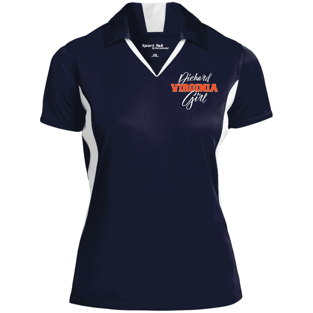 Designs by MyUtopia Shout Out:Diehard Virginia Girl Embroidered Sport-Tek Ladies' Colorblock Performance Polo - Navy Blue,True Navy/White / X-Small,Polo Shirts