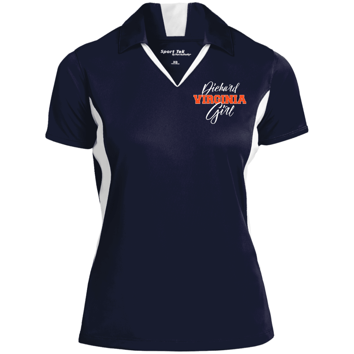 Designs by MyUtopia Shout Out:Diehard Virginia Girl Embroidered Sport-Tek Ladies' Colorblock Performance Polo - Navy Blue,True Navy/White / X-Small,Polo Shirts