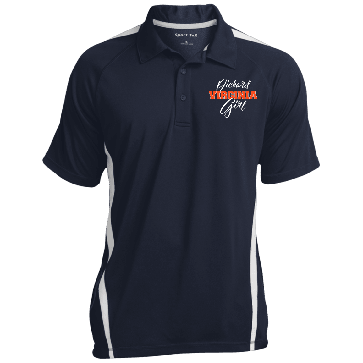 Designs by MyUtopia Shout Out:Diehard Virginia Girl Embroidered Sport-Tek Men's Colorblock 3-Button Polo - Navy Blue,True Navy/White / X-Small,Polo Shirts