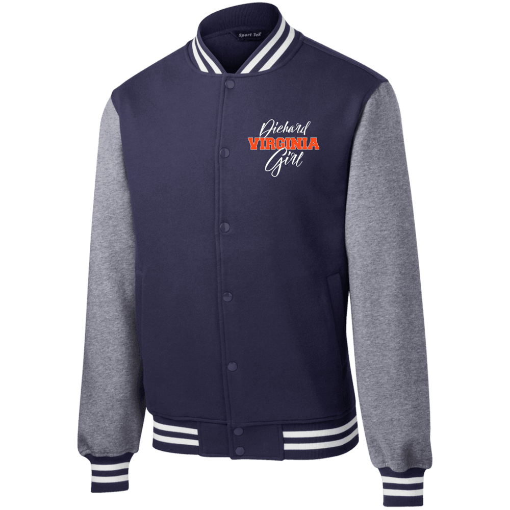 Designs by MyUtopia Shout Out:Diehard Virginia Girl Embroidered Sport-Tek Mens Fleece Letterman Jacket - Navy Blue,True Navy/Vintage Heather / X-Small,Jackets