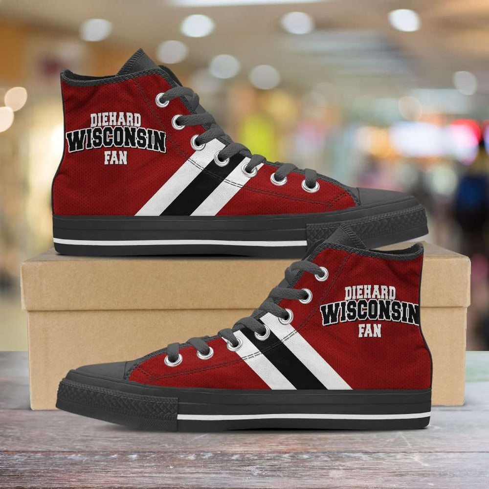 Designs by MyUtopia Shout Out:Diehard Wisconsin Fan Canvas High Top Shoes,Men's / Mens US 5 (EU38) / Red,High Top Sneakers