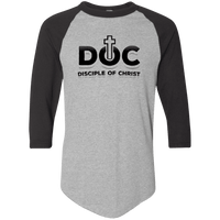 Load image into Gallery viewer, Designs by MyUtopia Shout Out:Disciple of Christ 3/4 Length Sleeve Color block Raglan Jersey T-Shirt,Athletic Heather/Black / S,Long Sleeve T-Shirts
