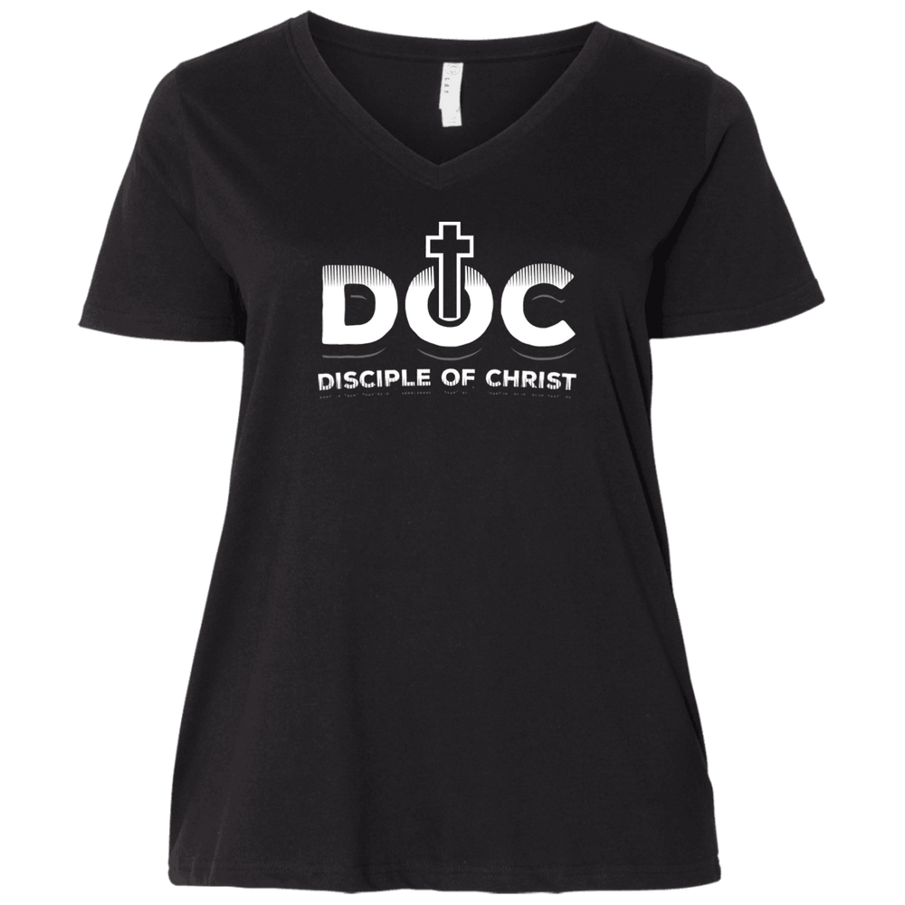 Designs by MyUtopia Shout Out:Disciple of Christ Cross Ladies' Curvy V-Neck T-Shirt,Plus 1X / Black,Ladies T-Shirts