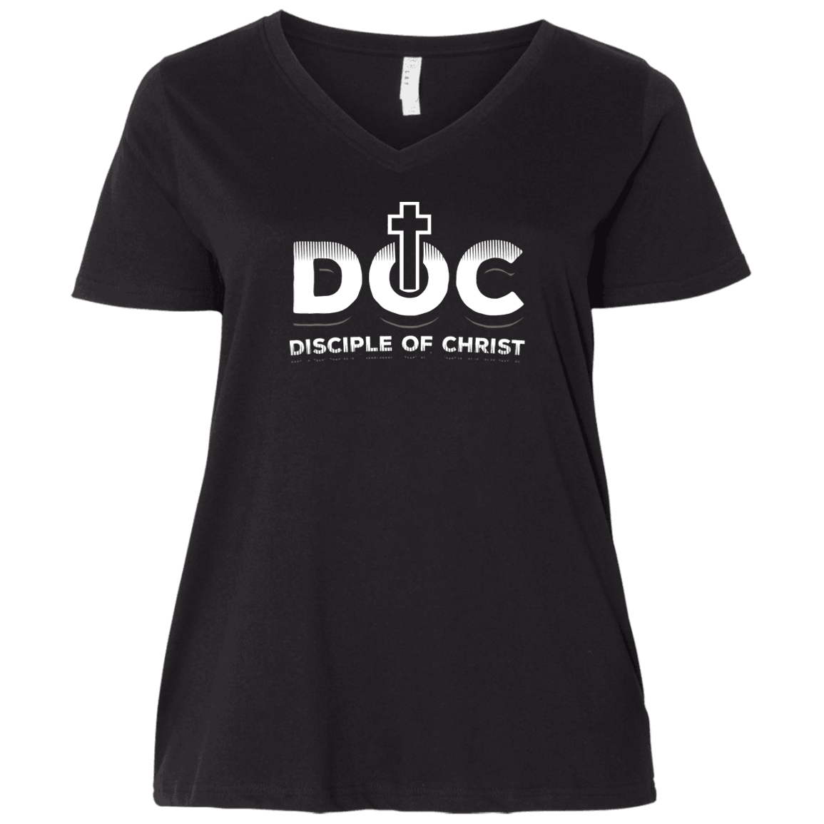 Designs by MyUtopia Shout Out:Disciple of Christ Cross Ladies' Curvy V-Neck T-Shirt,Plus 1X / Black,Ladies T-Shirts