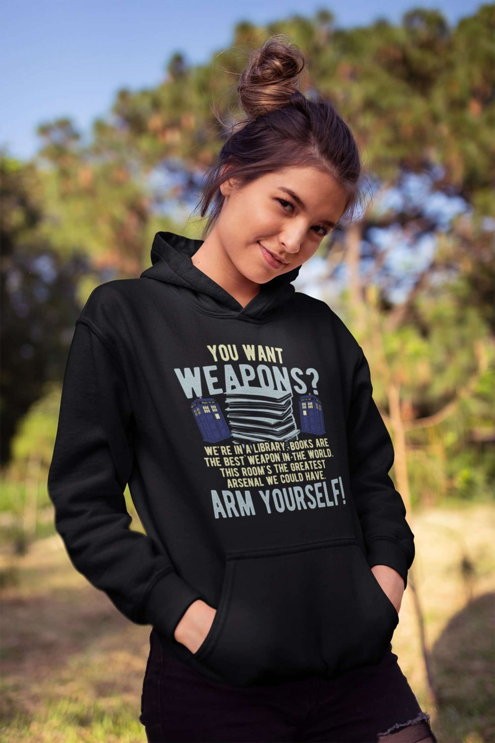Designs by MyUtopia Shout Out:Doctor Who TARDIS Books Are The Best Weapon Core Fleece Pullover Hoodie