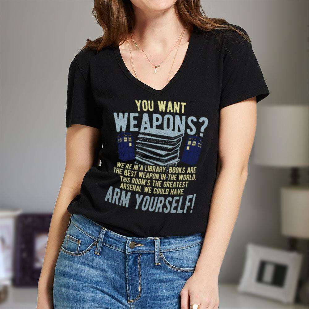 Designs by MyUtopia Shout Out:Doctor Who TARDIS Books Are The Best Weapon Ladies' V-Neck T-Shirt