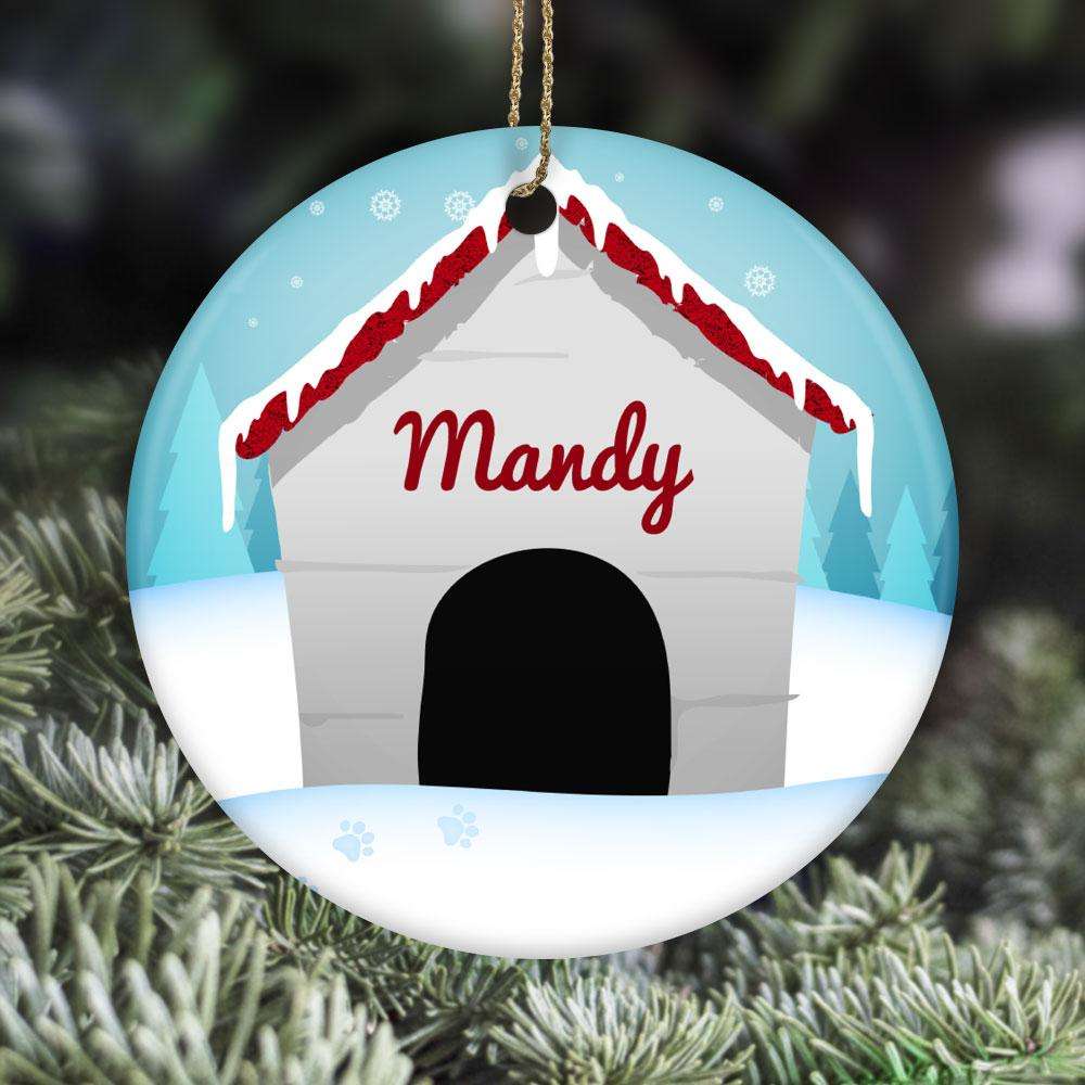 Designs by MyUtopia Shout Out:Dog House Christmas Personalized with Pets Name Ceramic Circle Ornament