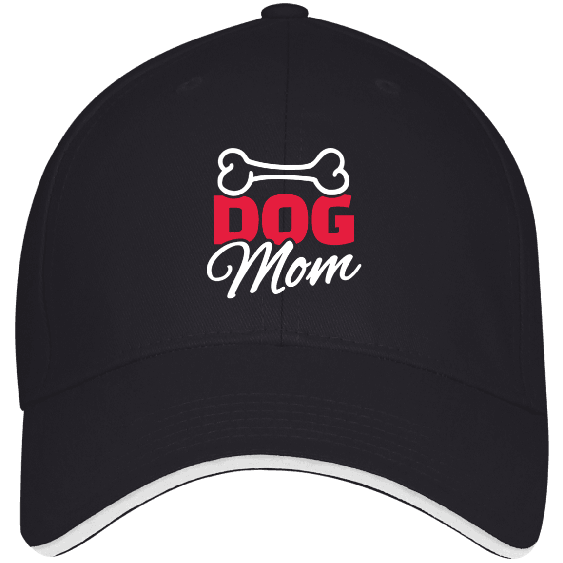Designs by MyUtopia Shout Out:Dog Mom with Bone Embroidered Bayside USA Made Structured Twill Cap With Sandwich Visor,Navy/White / One Size,Hats