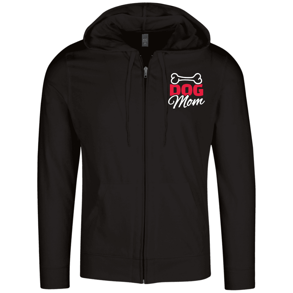 Designs by MyUtopia Shout Out:Dog Mom with Bone Embroidered District Lightweight Full Zip Hoodie,Black / X-Small,Sweatshirts