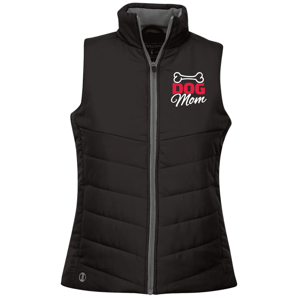 Designs by MyUtopia Shout Out:Dog Mom with Bone Embroidered Holloway Ladies' Quilted Vest,Black / X-Small,Jackets