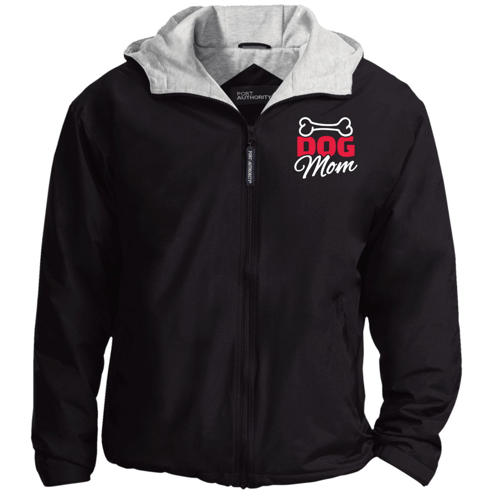 Designs by MyUtopia Shout Out:Dog Mom with Bone Embroidered Port Authority Team Jacket,Black/Light Oxford / X-Small,Jackets