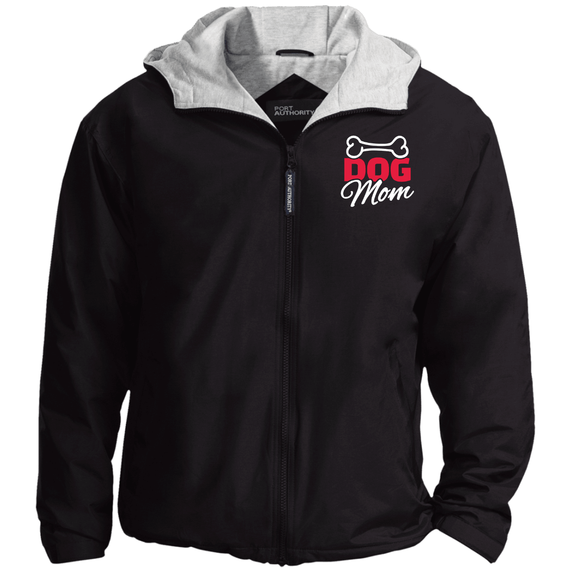 Designs by MyUtopia Shout Out:Dog Mom with Bone Embroidered Port Authority Team Jacket,Black/Light Oxford / X-Small,Jackets