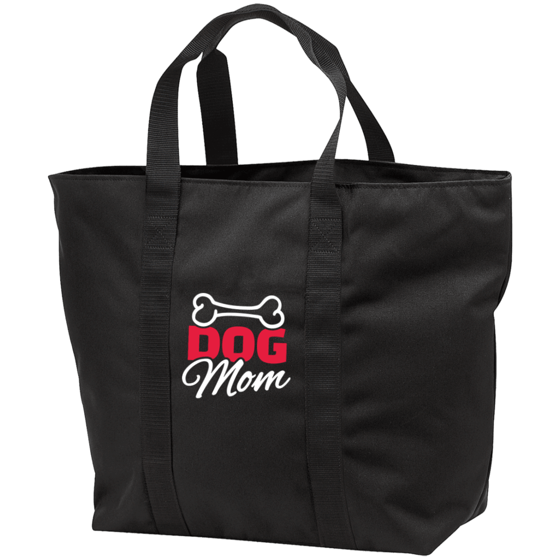 Designs by MyUtopia Shout Out:Dog Mom with Bone Embroidered Port & Co. All Purpose Tote Bag w Zipper Closure and side pocket,Black/Black / One Size,Totebag