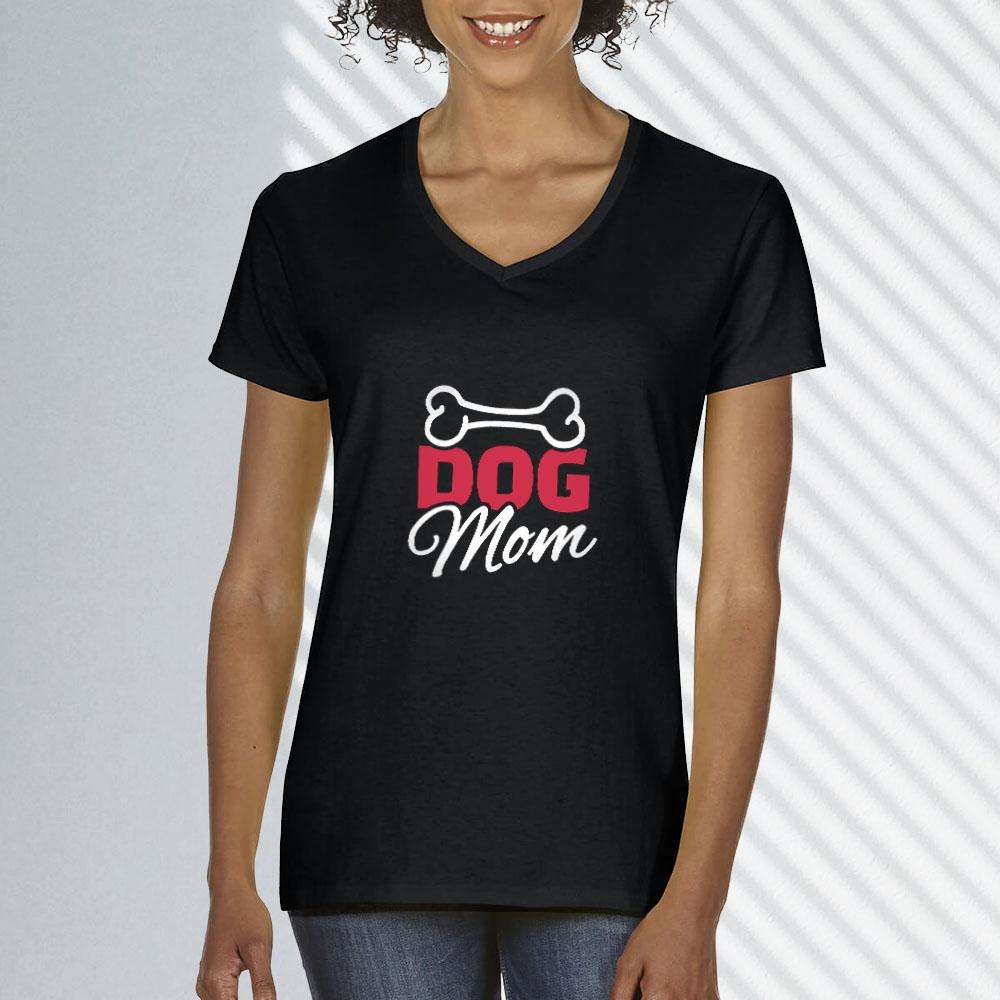 Designs by MyUtopia Shout Out:Dog Mom with Bone Ladies' V-Neck T-Shirt