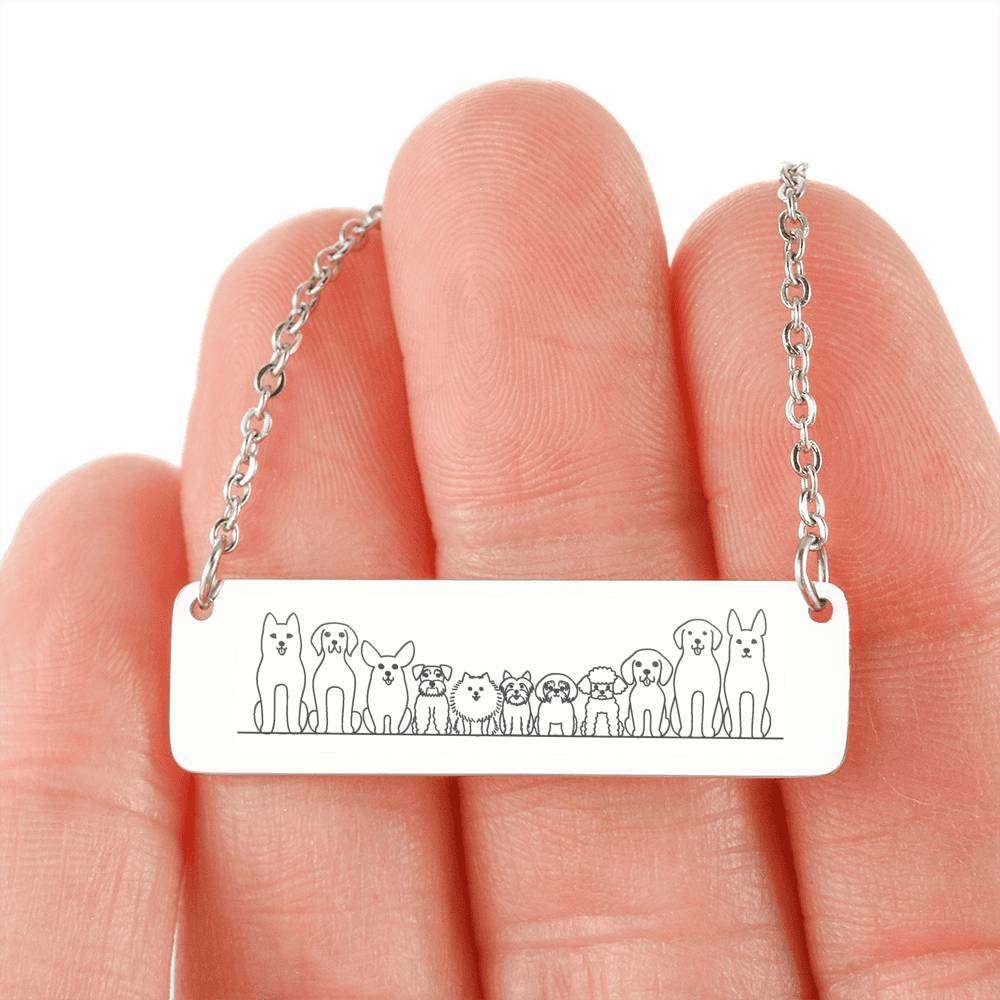 Designs by MyUtopia Shout Out:Dogs All Lined up Engraved Stainless Steel Horizontal Bar Necklace